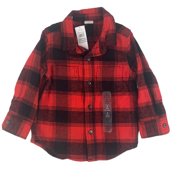 NWT GAP Boys Red Buffalo Plaid Flannel Button Down Shirt - Size 2T - Picture 1 of 5